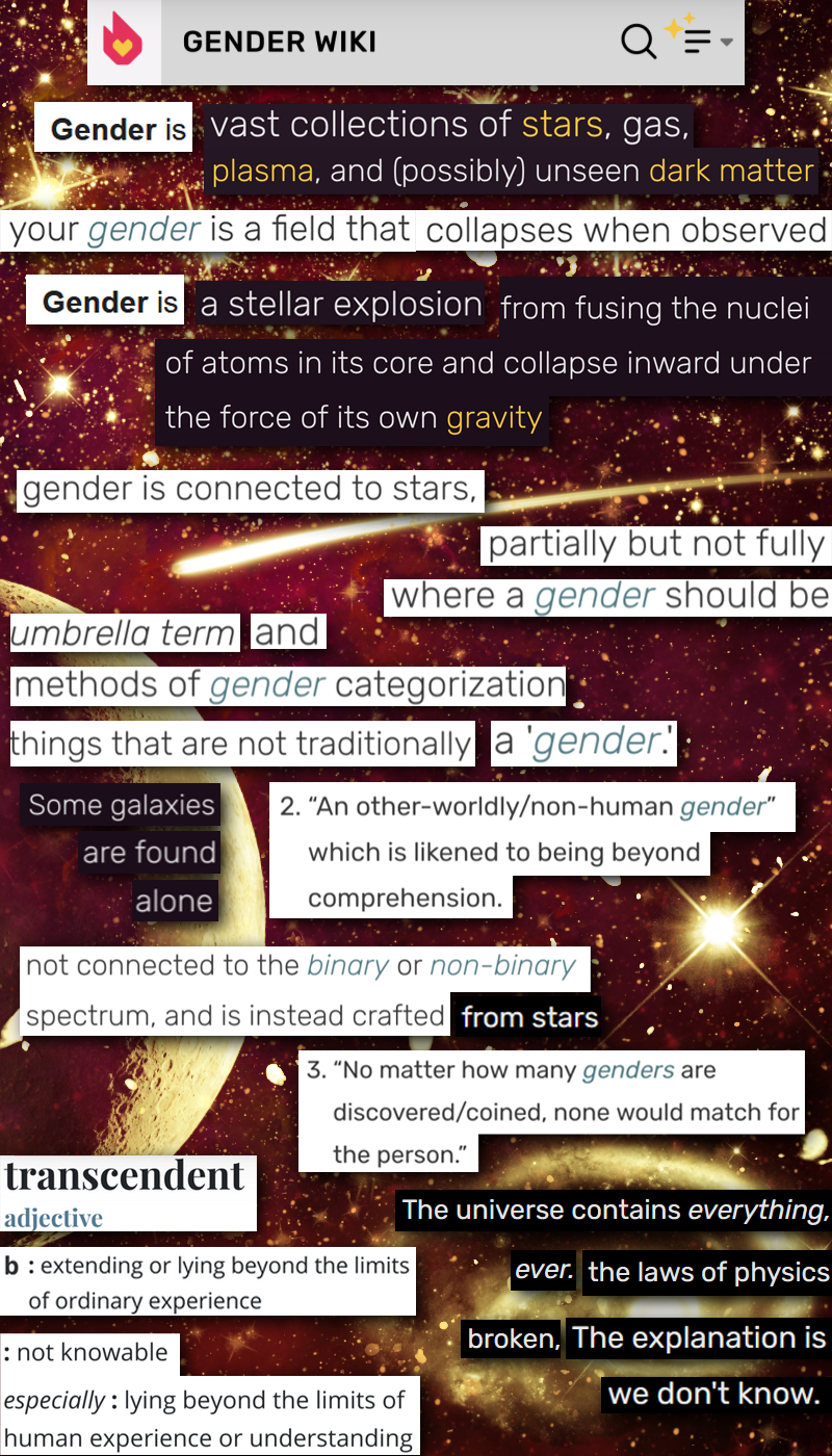 Poem made from screenshotted text from various wiki pages, over a red and gold galaxy background.